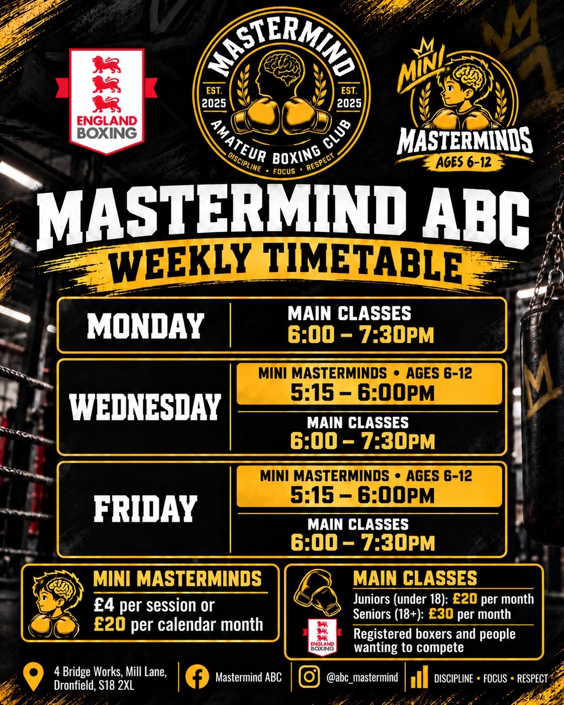 Mastermind ABC weekly timetable: main classes Monday, Wednesday and Friday 6–7:30pm; Mini Masterminds ages 6–12 Wednesday and Friday 5:15–6pm. Mini £4 per session or £20 per calendar month; main juniors £20 and seniors £30 per month.